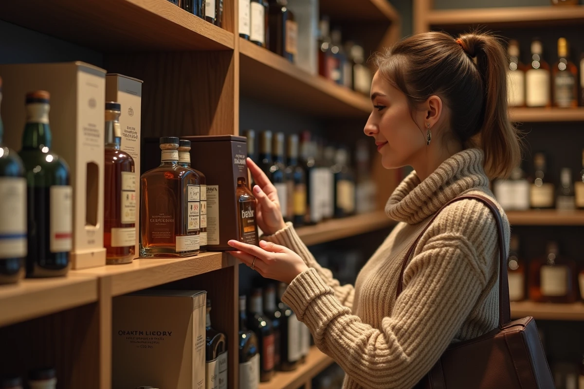 Femme choisissant un coffret whisky dans une boutique