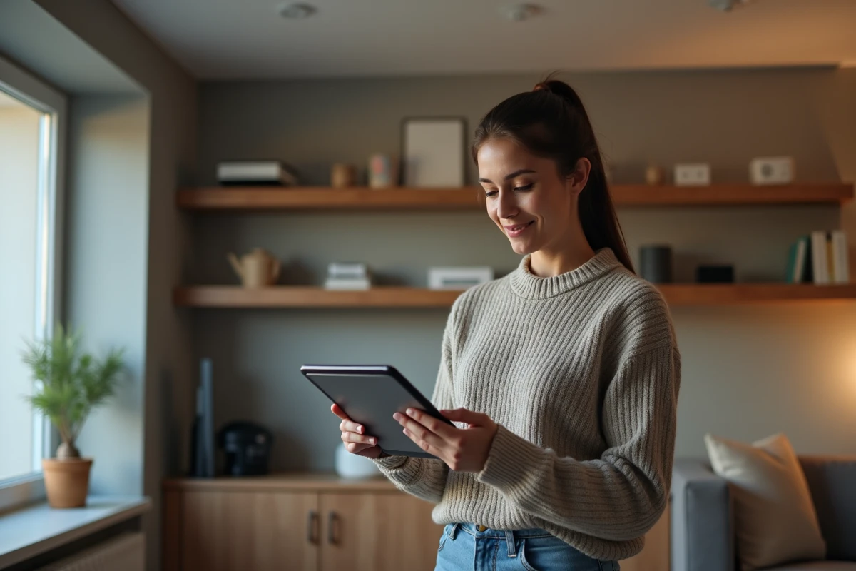 Jeune femme utilisant tablette pour contrôler maison connectee