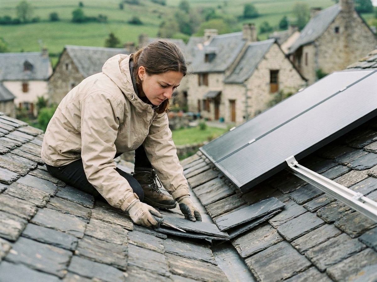 Jeune femme inspectant tuiles en ardoise près panneau solaire