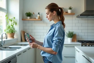 Femme vérifiant le compteur d'eau dans la cuisine moderne