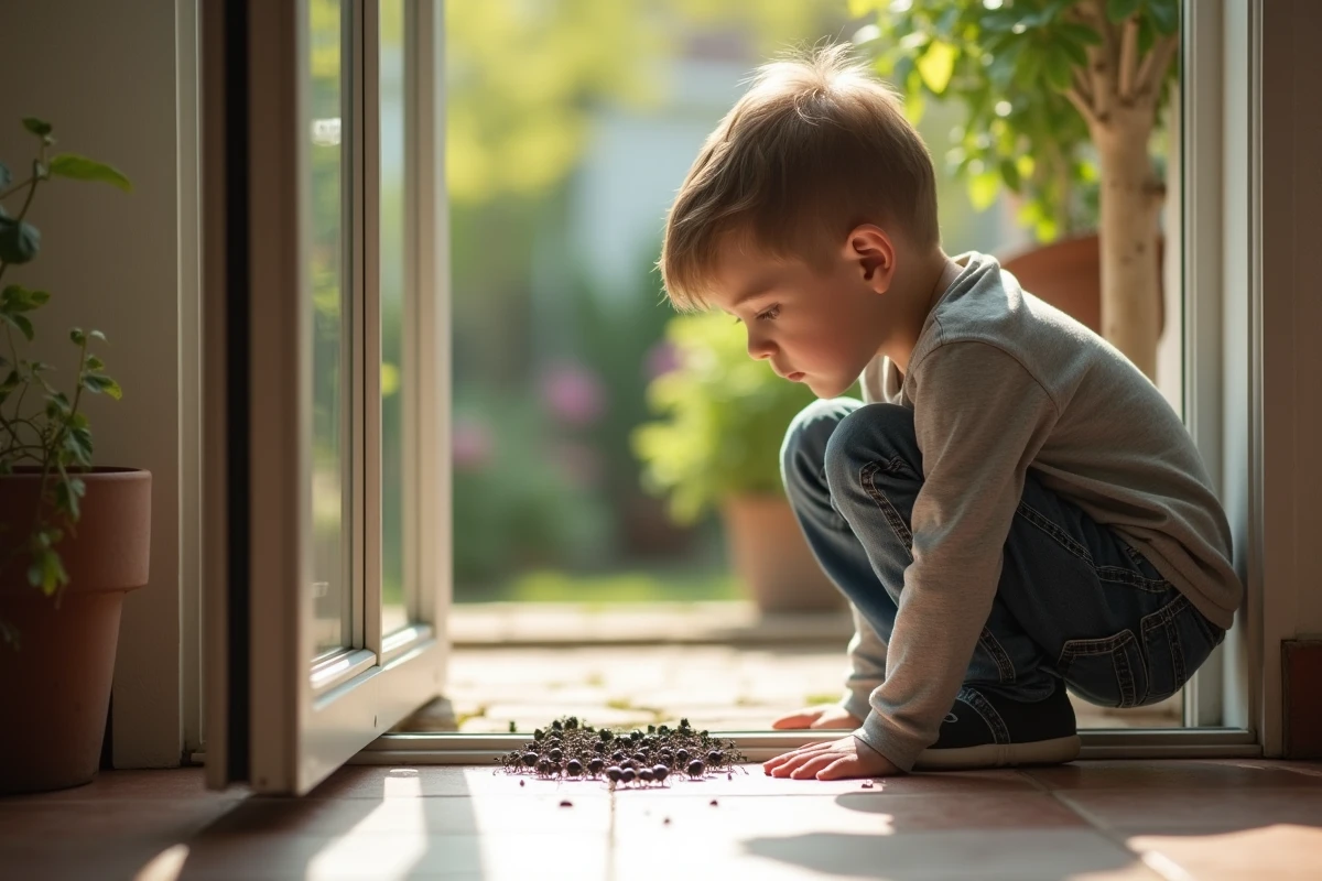Jeune garçon regarde des insectes noirs sur le seuil d