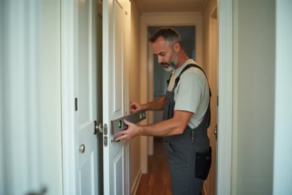 Homme en overalls vérifiant une porte intérieure blanche