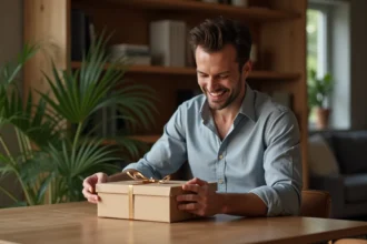 Homme souriant découvrant un coffret whisky élégant