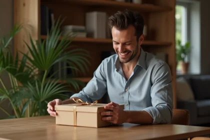 Homme souriant découvrant un coffret whisky élégant