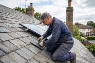 Homme poseur de panneaux solaires sur toit en ardoise