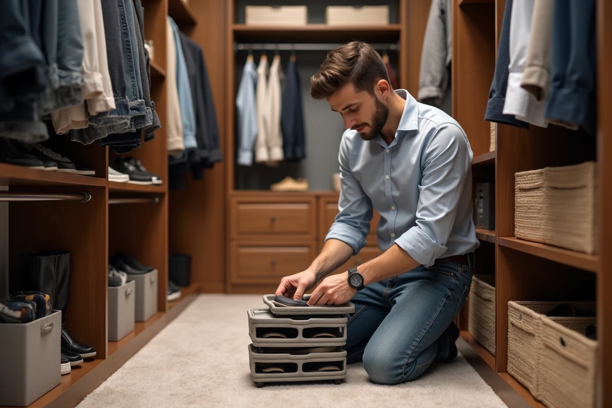 Jeune homme plaçant un organisateur à chaussures dans un dressing