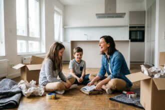 Maman et enfants organisant des cartons de déménagement