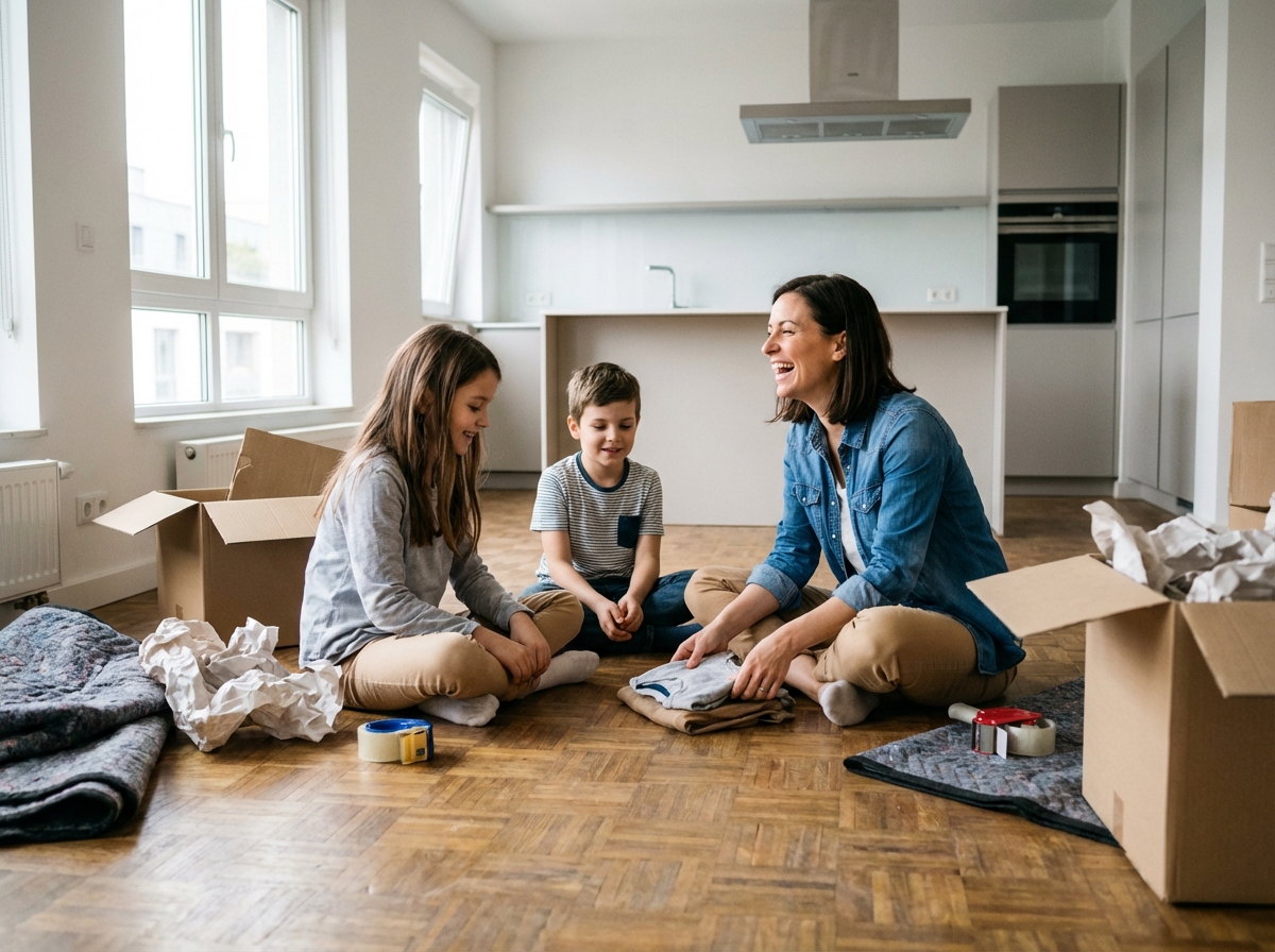 Maman et enfants organisant des cartons de déménagement