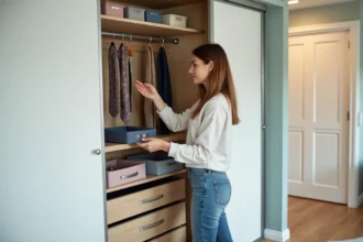 Femme organisant un dressing moderne avec boîtes colorées