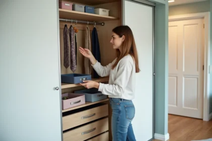 Femme organisant un dressing moderne avec boîtes colorées