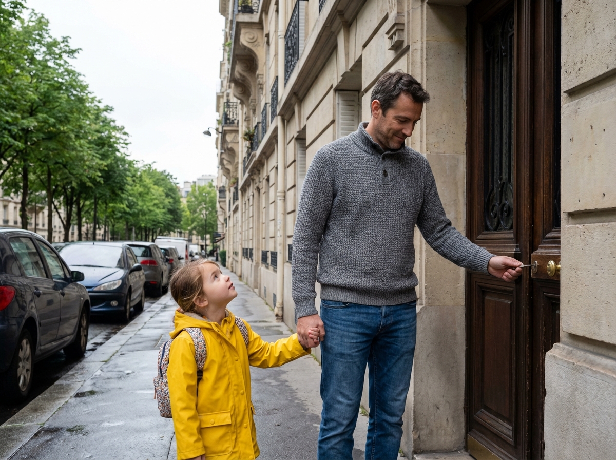 Papa et fille devant la porte d