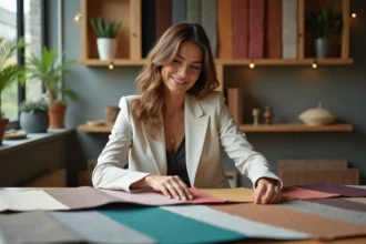 Femme élégante examinant des échantillons de tissus