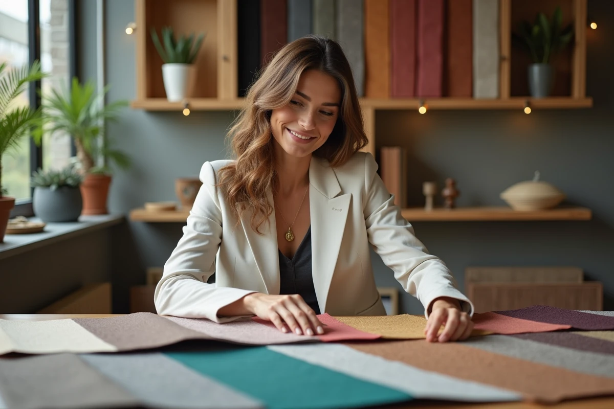 Femme élégante examinant des échantillons de tissus