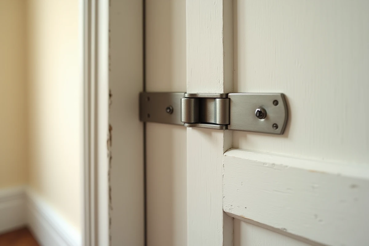 Gros plan sur une charnière anti-effraction en acier renforcé installée sur un chambranle de porte d'appartement haussmannien