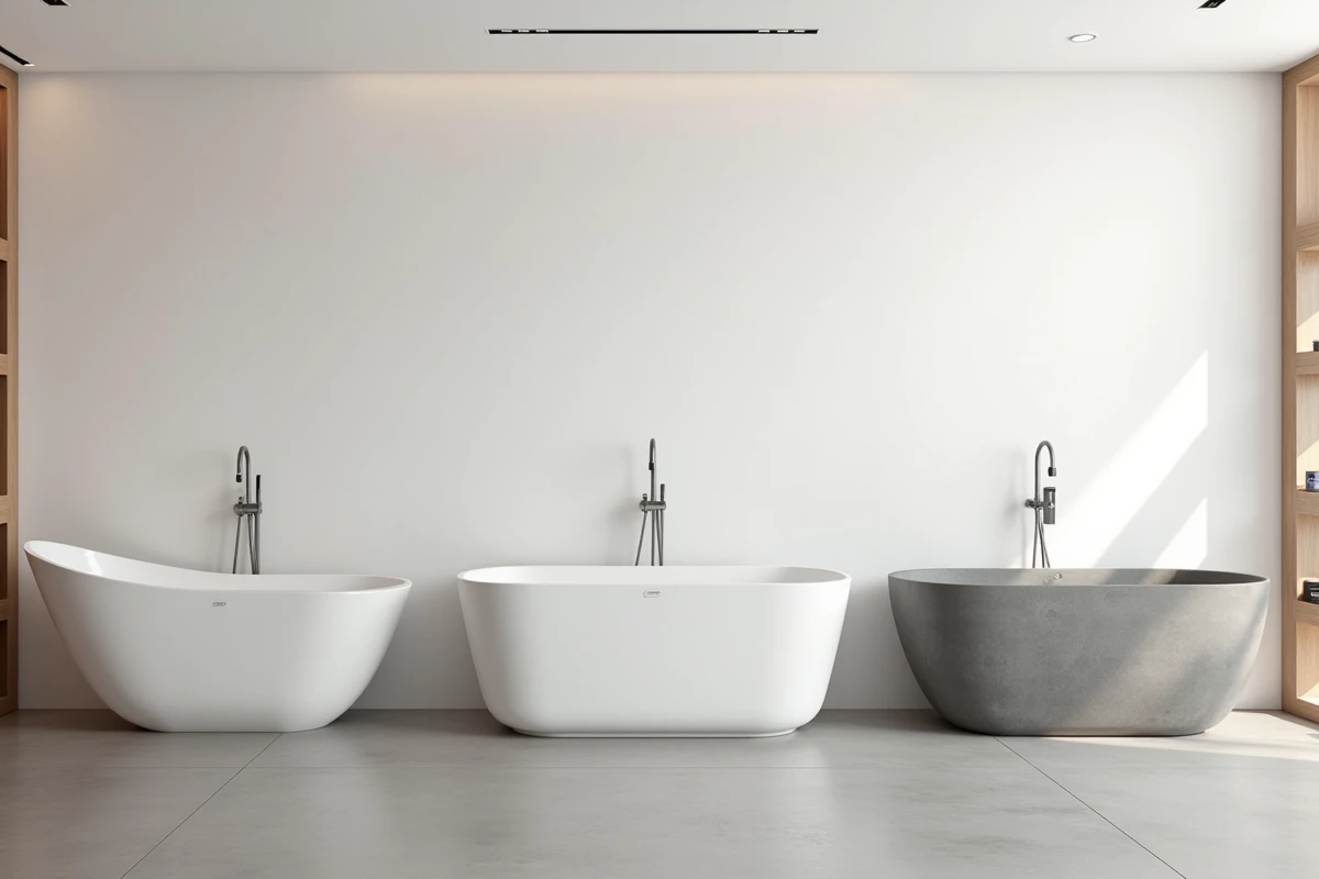 Comparaison de trois modèles de baignoires de contenances différentes dans un showroom de salle de bain moderne