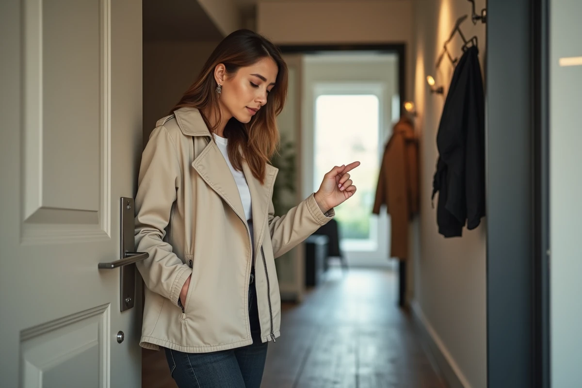 Femme examinant le cylindre de verrouillage multipoints d'une porte d'entrée moderne