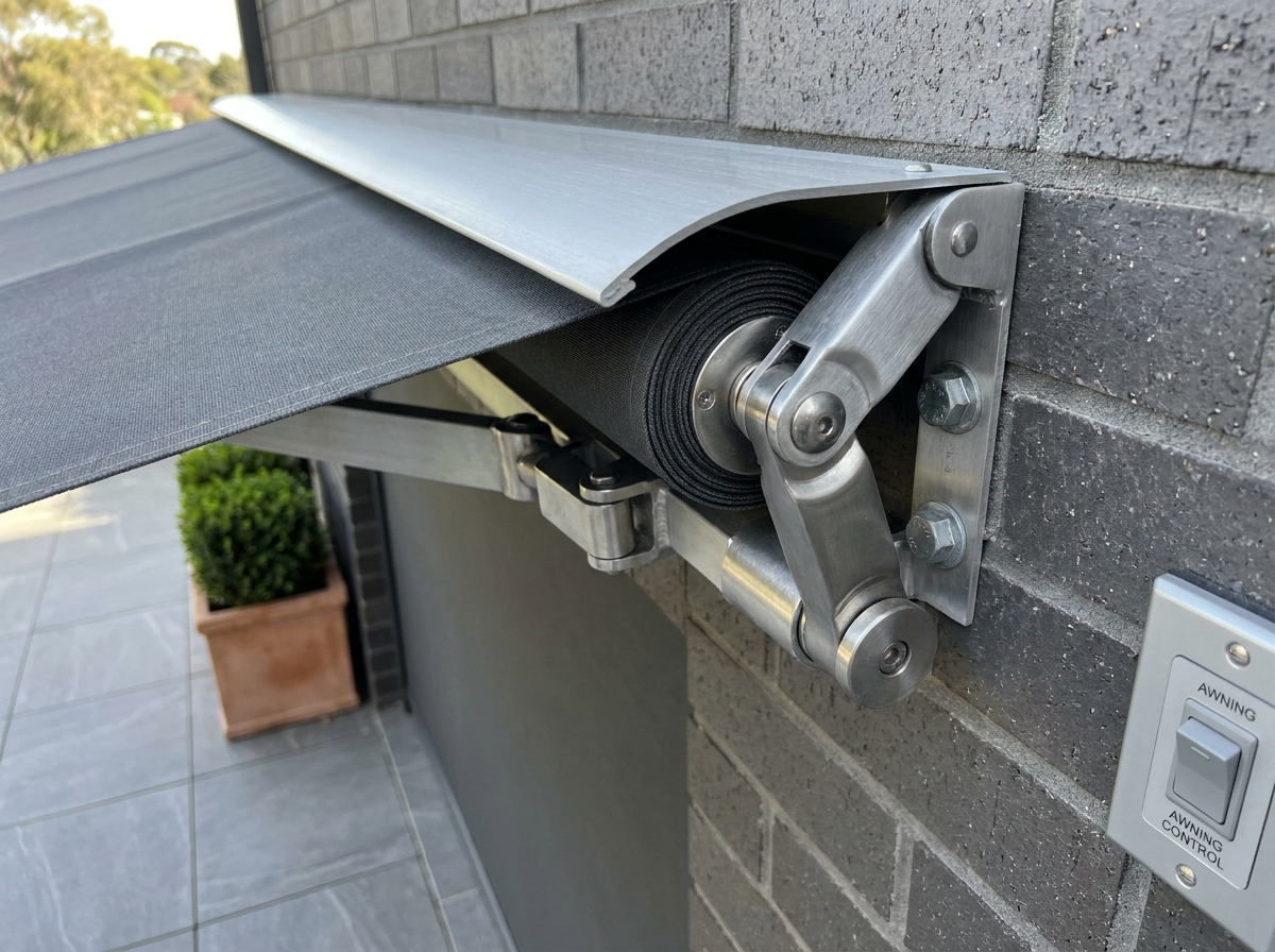 Détail du boîtier motorisé d'un store banne avec mécanisme de fixation murale et interrupteur électrique sur terrasse