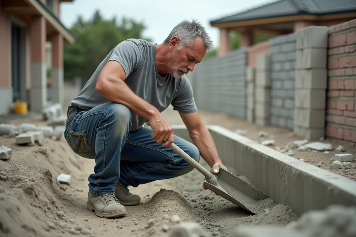 Ouvrier dosant le béton à la pelle sur un chantier résidentiel, erreur de dosage fréquente