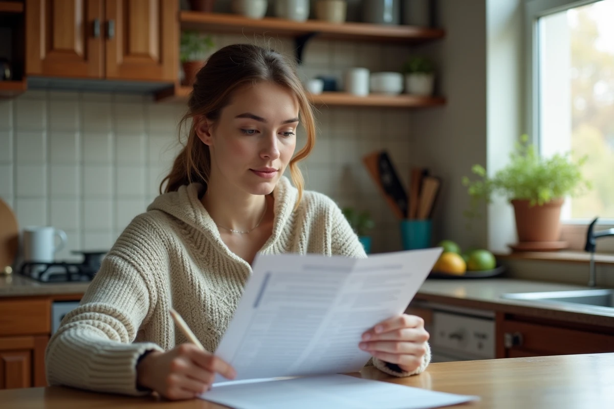 Jeune femme examinant rapport énergétique dans sa cuisine vintage