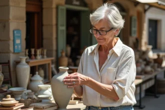 Femme examinant un vase ancien lors d'un vide grenier en Loire-Atlantique 44
