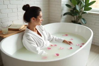 Femme se relaxant dans une grande baignoire ovale autoportante remplie d'eau laiteuse et de pétales de rose dans une salle de bain contemporaine