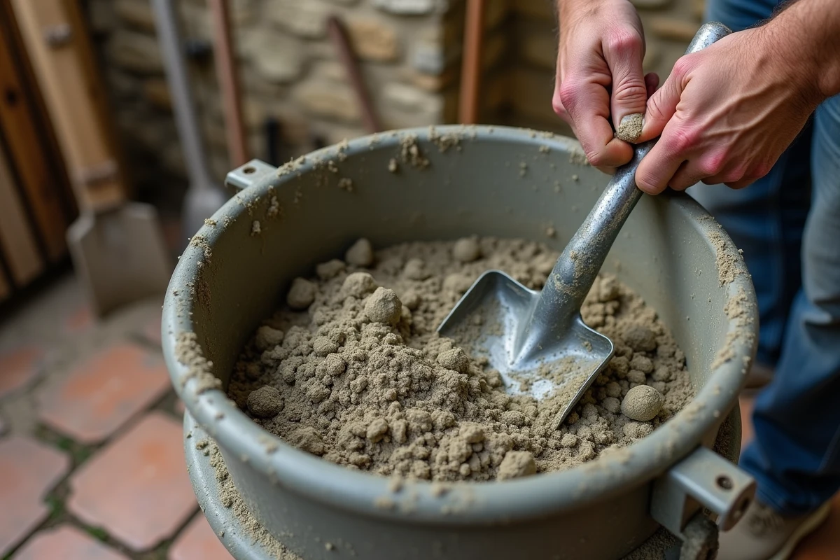 Gros plan sur les mains d'un maçon tenant une pelle au-dessus d'une bétonnière avec un mélange de béton mal dosé