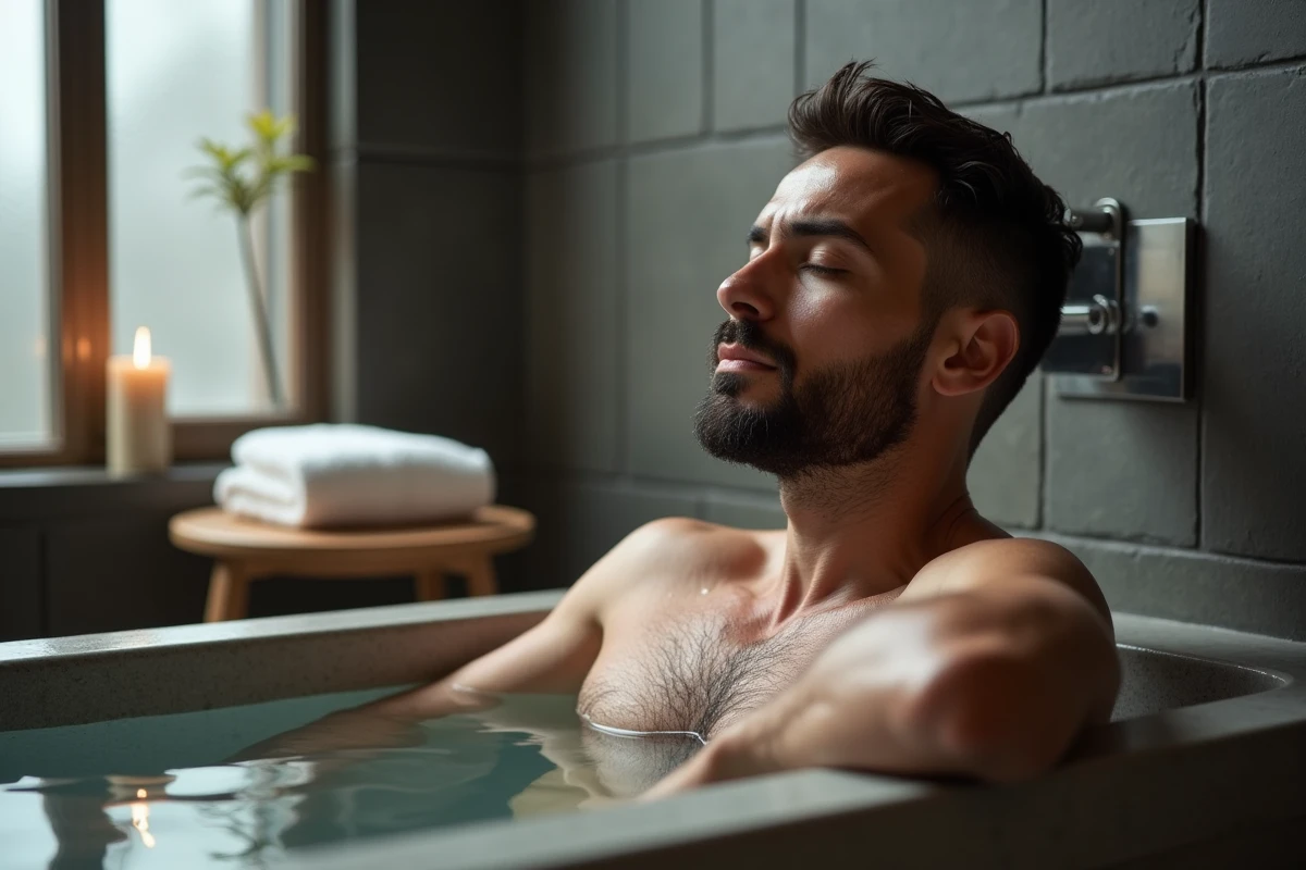 Homme se relaxant pleinement immergé dans une grande baignoire encastrée en pierre mate dans une salle de bain style spa
