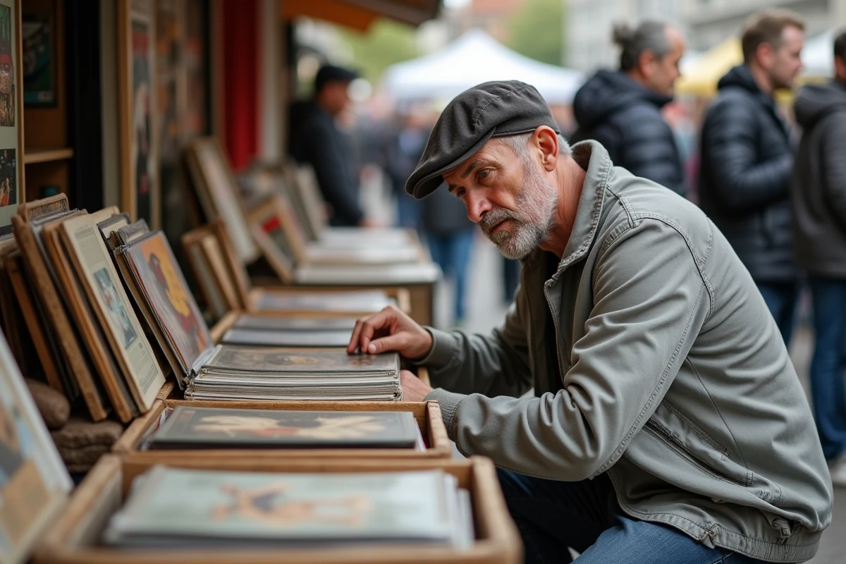 Homme cherchant des vinyles anciens dans un bac lors d'un vide grenier en Loire-Atlantique 44