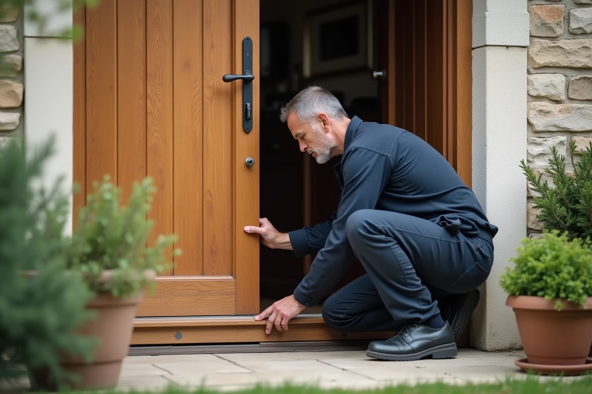 Serrurier inspectant le renforcement du cadre d'une porte d'entrée en chêne massif sur façade en pierre