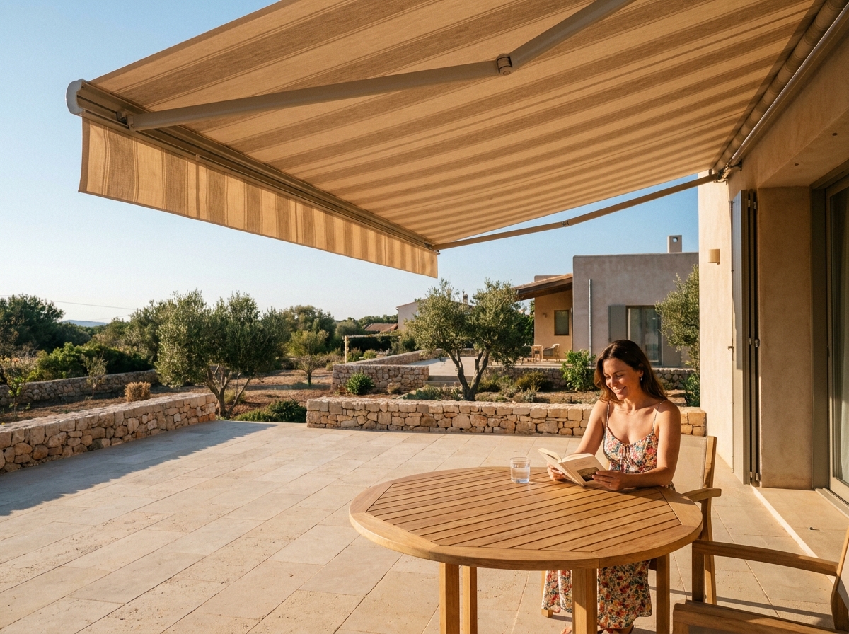 Store banne rayé déployé au-dessus d'une terrasse en pierre avec une femme lisant sous l'ombre protectrice