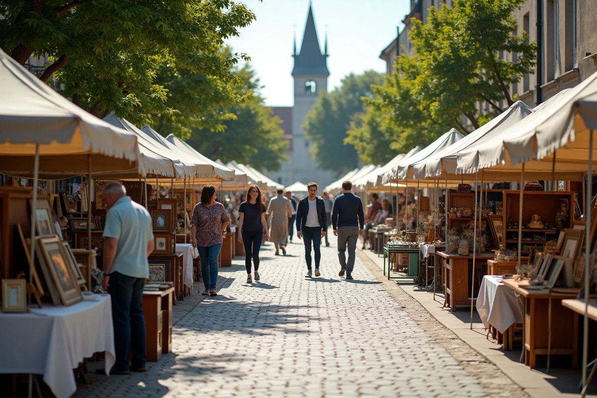 Vue panoramique d'un vide grenier animé dans une place de village en Loire-Atlantique