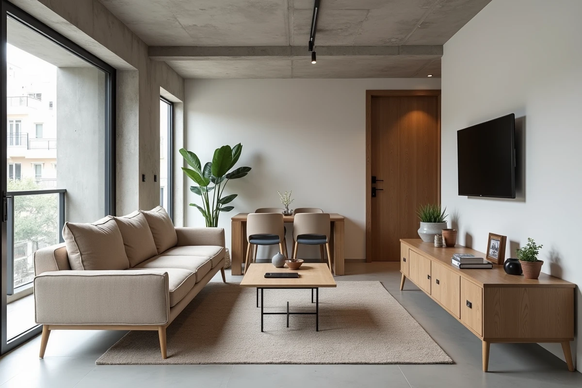 Salon et salle à manger ouverts sans séparation visuelle des zones dans un appartement compact