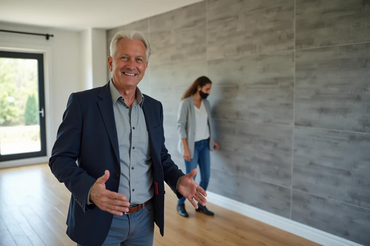 Agent immobilier présentant un mur en dalle PVC effet pierre à des acheteurs potentiels