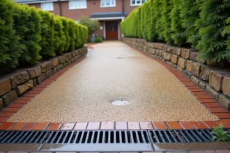 Allée en pente enrobée avec revêtement drainant en gravier résine beige et caniveaux intégrés pour éviter les flaques