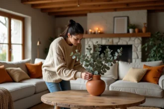 Femme aménageant un salon chaleureux avec des éléments naturels en bois, lin et terracotta pour une atmosphère cosy et accueillante