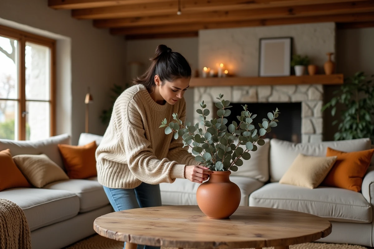 Femme aménageant un salon chaleureux avec des éléments naturels en bois, lin et terracotta pour une atmosphère cosy et accueillante
