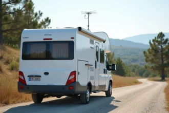Camping-car blanc équipé d'une antenne TNT omnidirectionnelle sur le toit, garé en bord de route en France