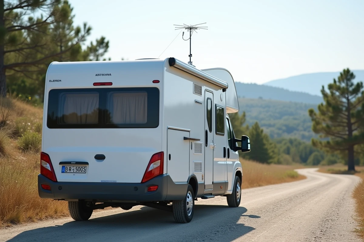 Camping-car blanc équipé d'une antenne TNT omnidirectionnelle sur le toit, garé en bord de route en France