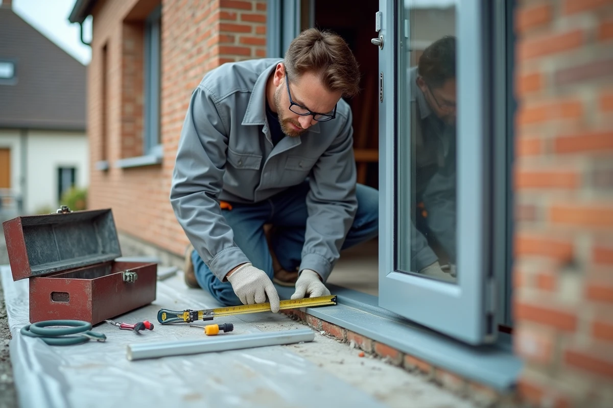 Artisan posant une structure de véranda en aluminium contre une maison française lors de l'installation