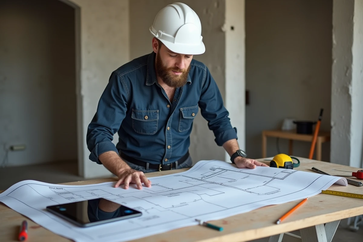 Artisan en tenue de chantier consultant des plans de rénovation sur un établi encombré d'outils professionnels