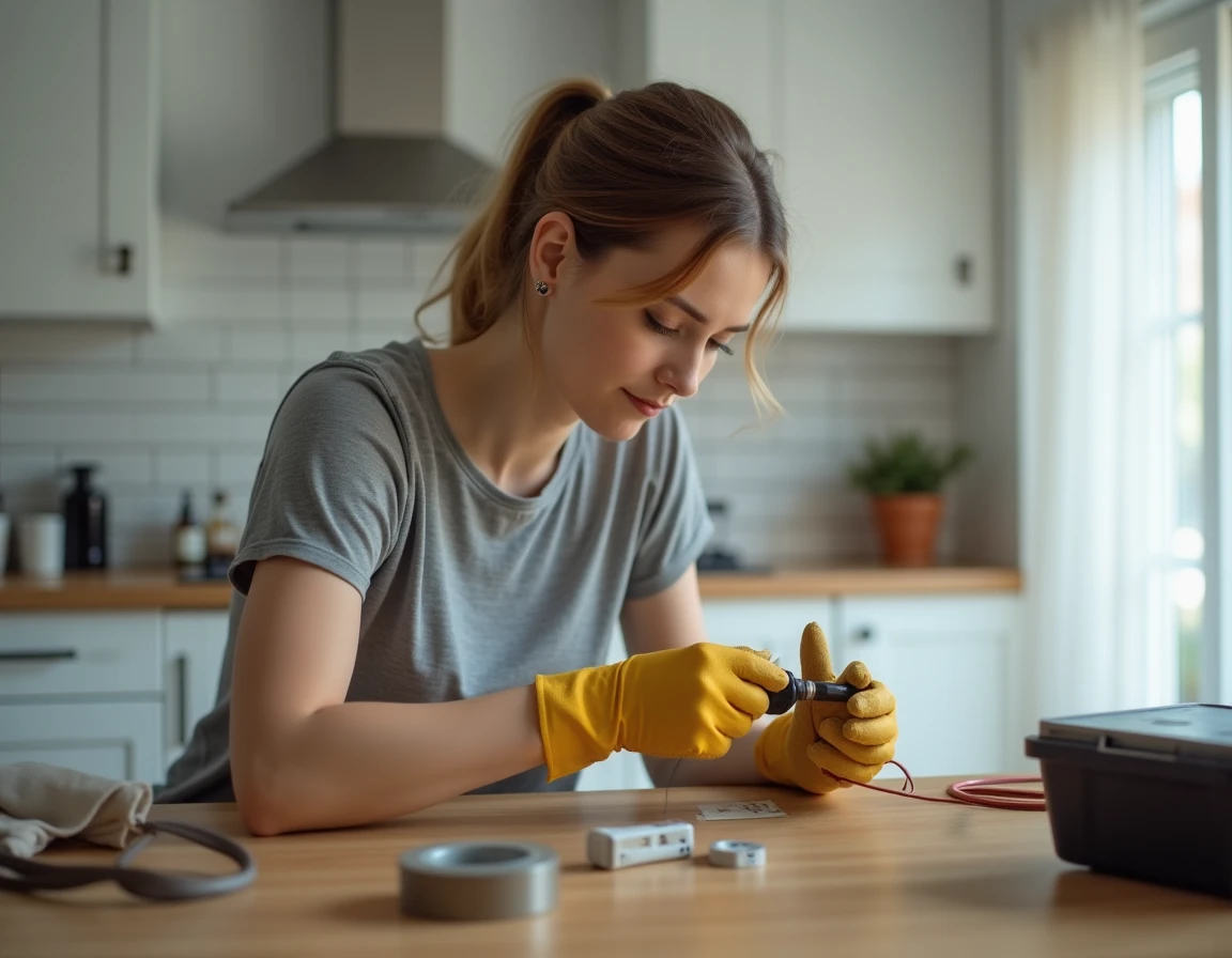Femme réalisant le branchement d'un fil marron sur une prise mâle lors d'une réparation électrique à domicile