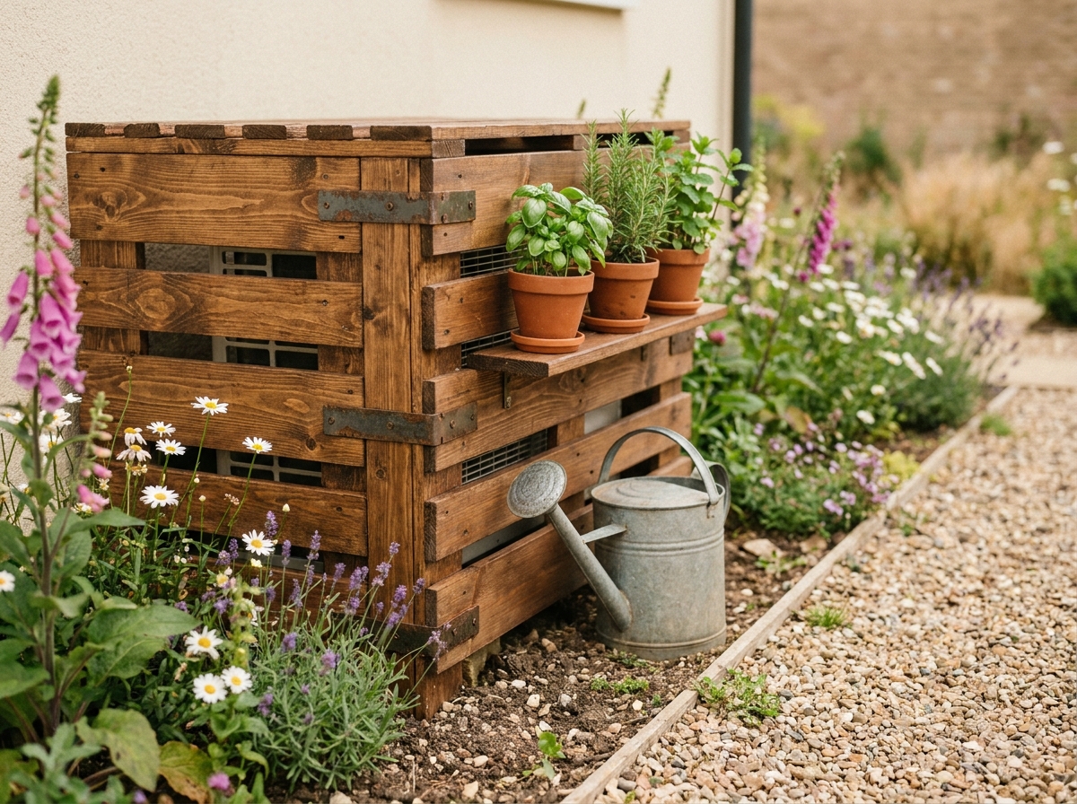 Cache climatisation DIY en palettes de bois avec herbes aromatiques dans un jardin champêtre
