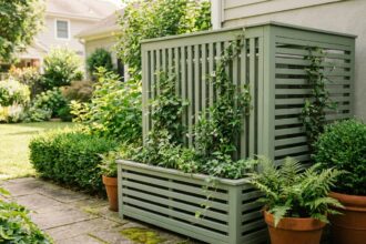 Cache climatisation en bois avec plantes grimpantes intégré dans un jardin moderne avec terrasse en pierre