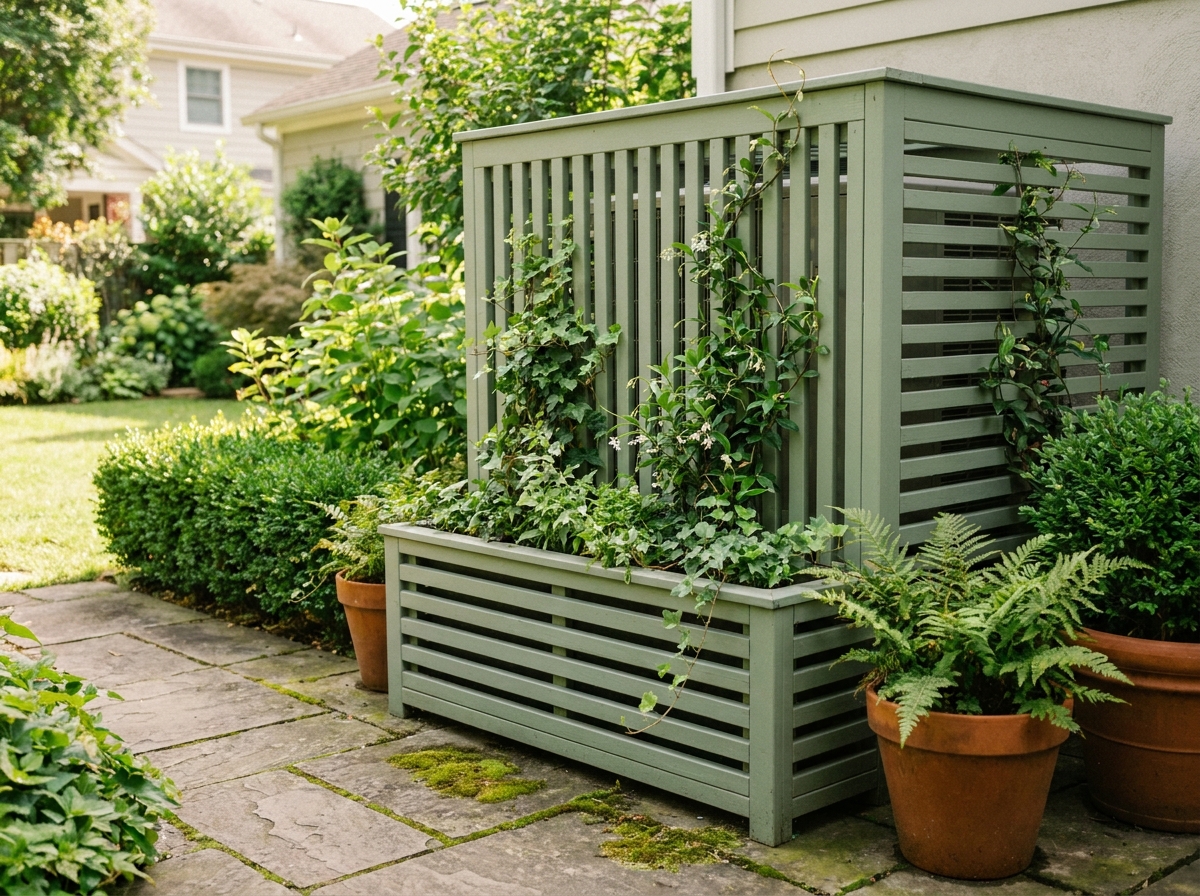 Cache climatisation en bois avec plantes grimpantes intégré dans un jardin moderne avec terrasse en pierre