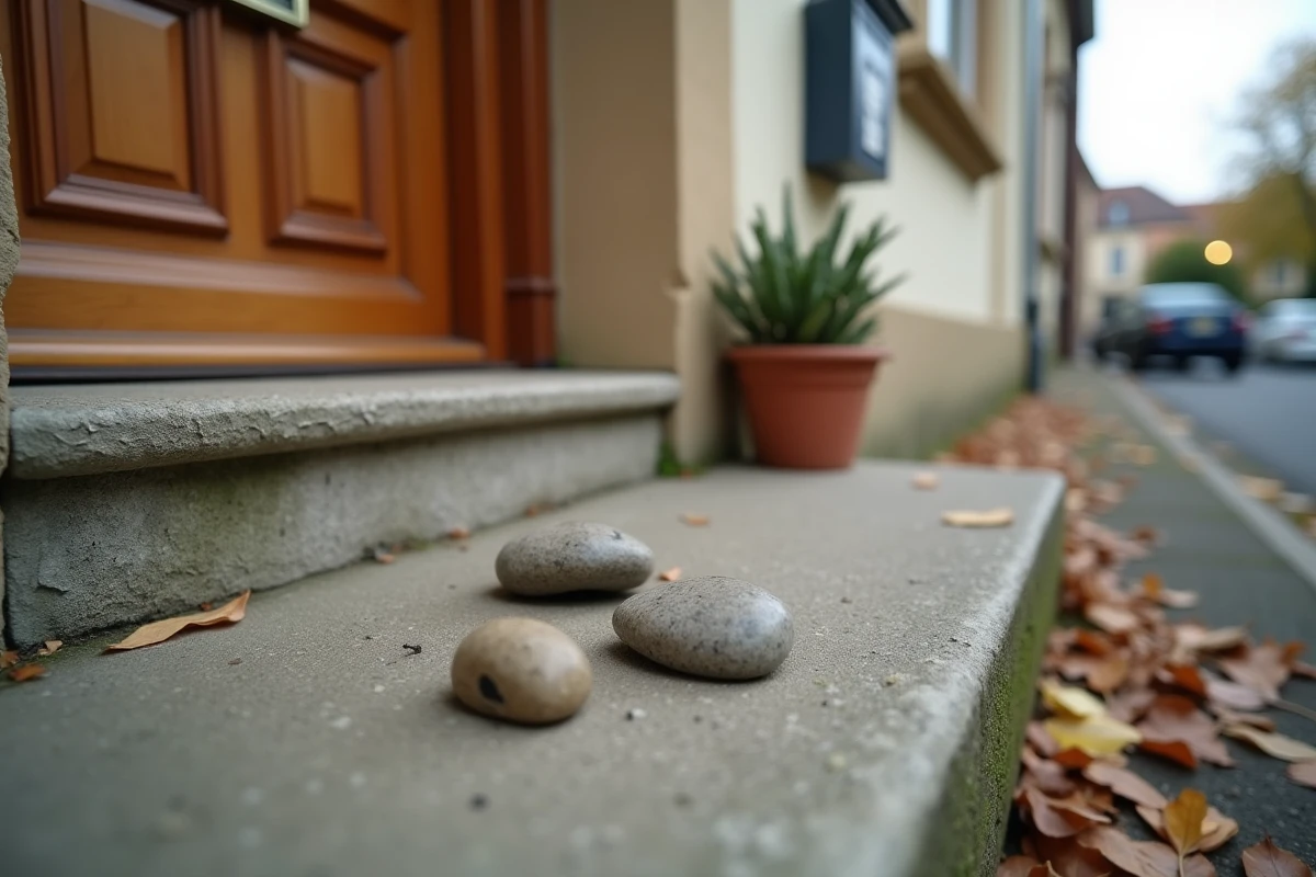 Petit arrangement de cailloux sur un pas de porte en béton devant une maison de banlieue, possible signe de repérage de cambrioleurs