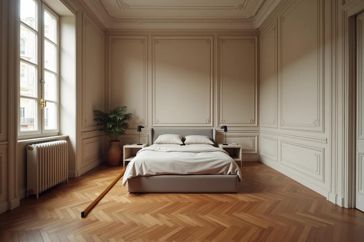 Chambre standard dans un appartement ancien de style haussmannien avec parquet en chevrons et moulures au plafond