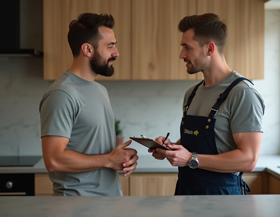 Client discutant avec un artisan professionnel dans sa cuisine après une prestation de service