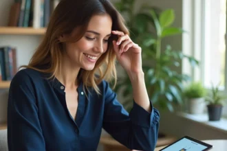 Femme consultant les avis clients sur une plateforme de services à domicile depuis son bureau