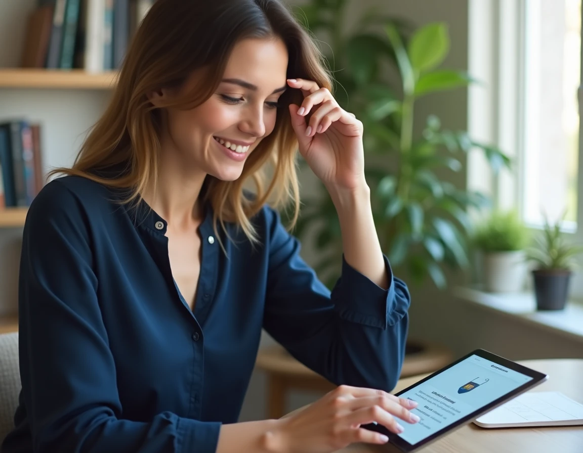 Femme consultant les avis clients sur une plateforme de services à domicile depuis son bureau