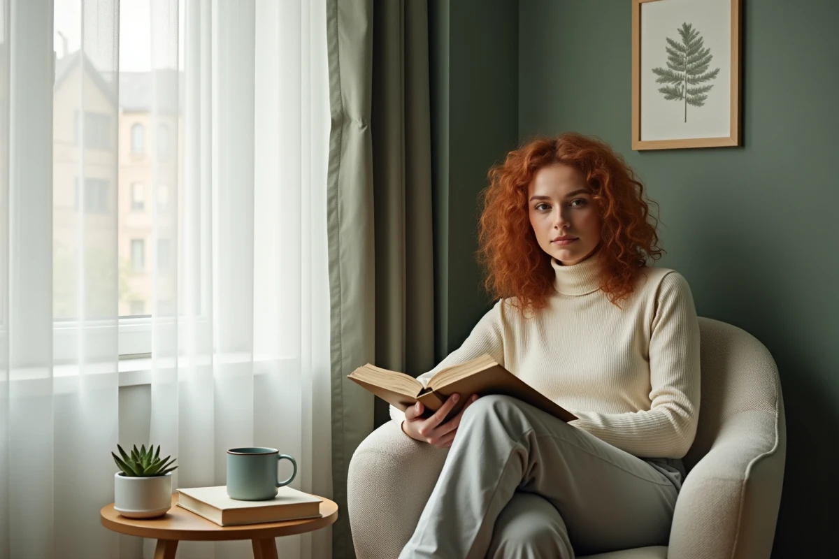 Femme installée dans un coin lecture cosy avec fauteuil bouclé, mur vert sauge et rideaux en lin pour un intérieur apaisant et chaleureux